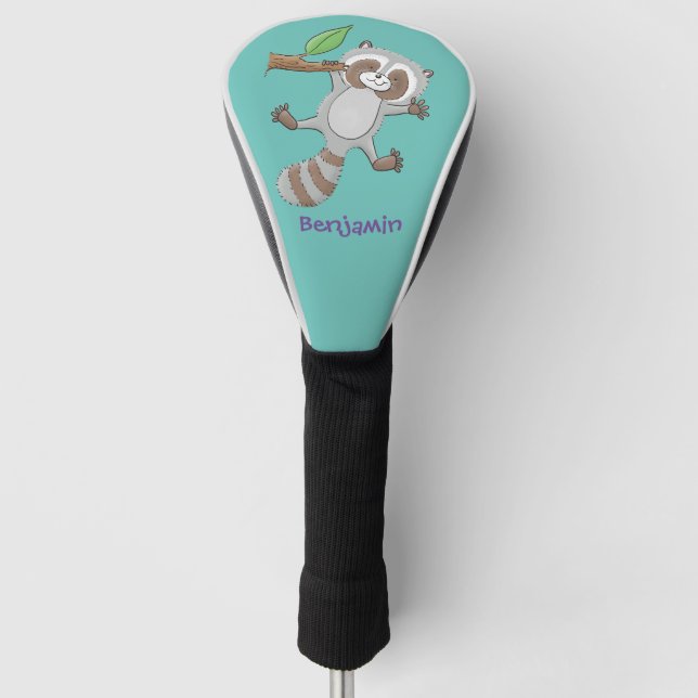 Cute happy racoon baby cartoon illustration golf head cover (Front)