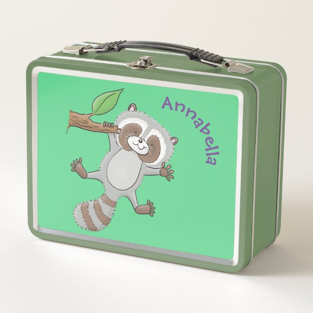 Cute happy racoon baby cartoon illustration metal lunch box (Front)