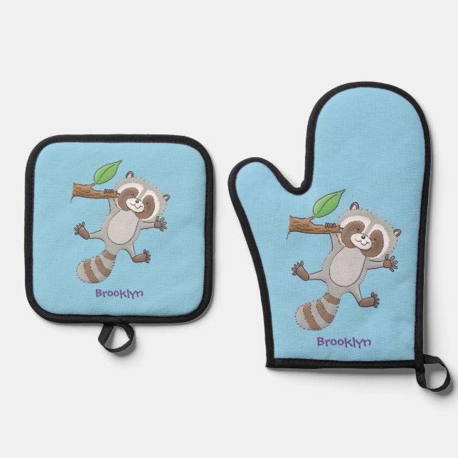 Cute happy racoon baby cartoon illustration oven mitt & pot holder set (Front)