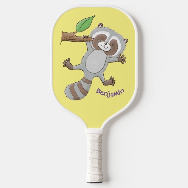 Cute happy racoon baby cartoon illustration  pickleball paddle (Front)