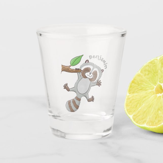 Cute happy racoon baby cartoon illustration  shot glass (Front)