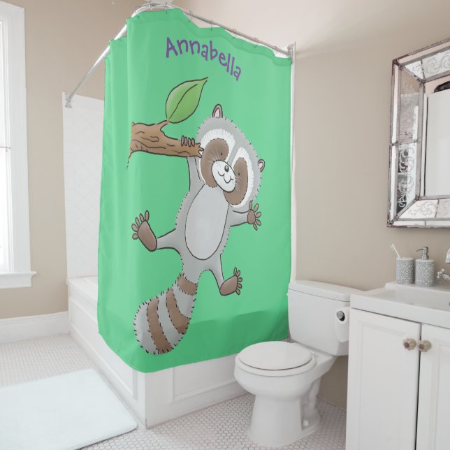 Cute happy racoon baby cartoon illustration shower curtain (In Situ)
