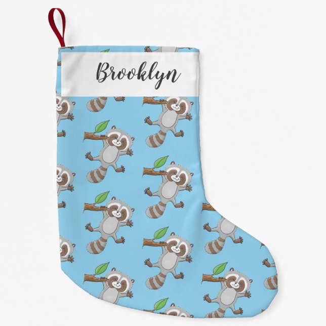 Cute happy racoon baby cartoon illustration  small christmas stocking (Front)