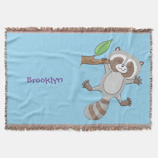 Cute happy racoon baby cartoon illustration throw blanket (Front)