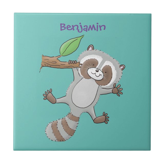 Cute happy racoon baby cartoon illustration tile (Front)