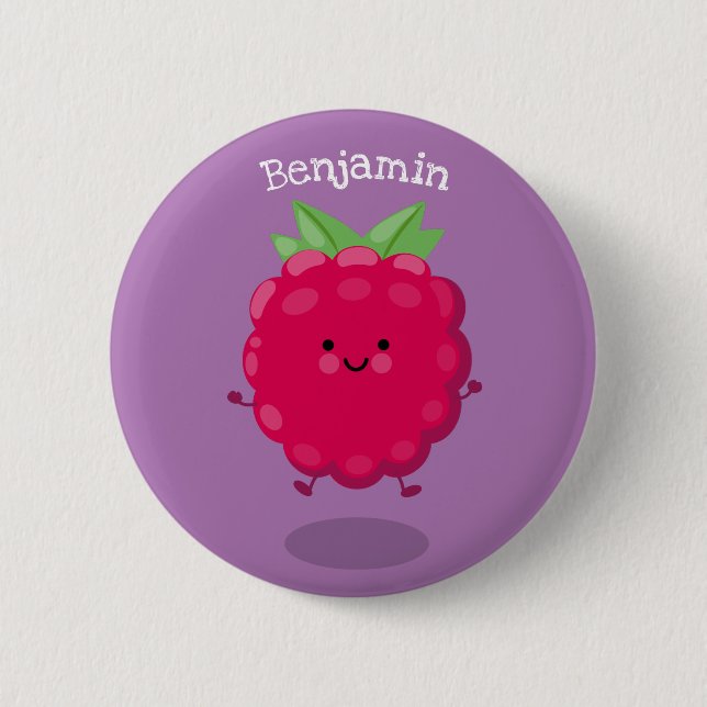 Cute happy raspberry cartoon illustration 6 cm round badge (Front)