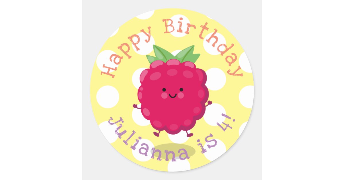 Cute happy raspberry cartoon illustration classic round sticker Zazzle