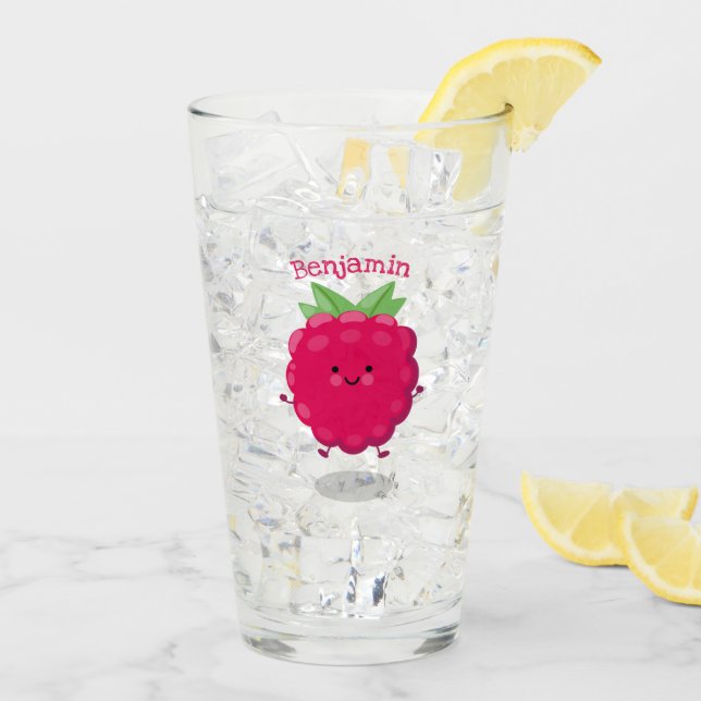 Cute happy raspberry cartoon illustration glass (Back Ice)