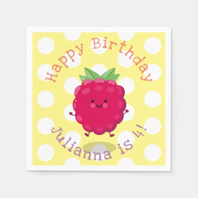 Cute happy raspberry cartoon illustration napkin (Front)