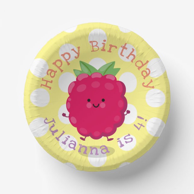 Cute happy raspberry cartoon illustration paper plate (Front)