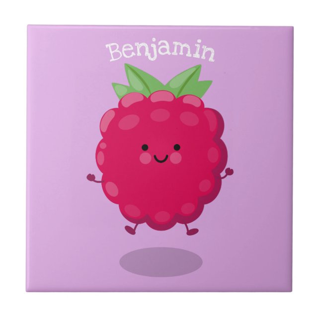Cute happy raspberry cartoon illustration tile (Front)