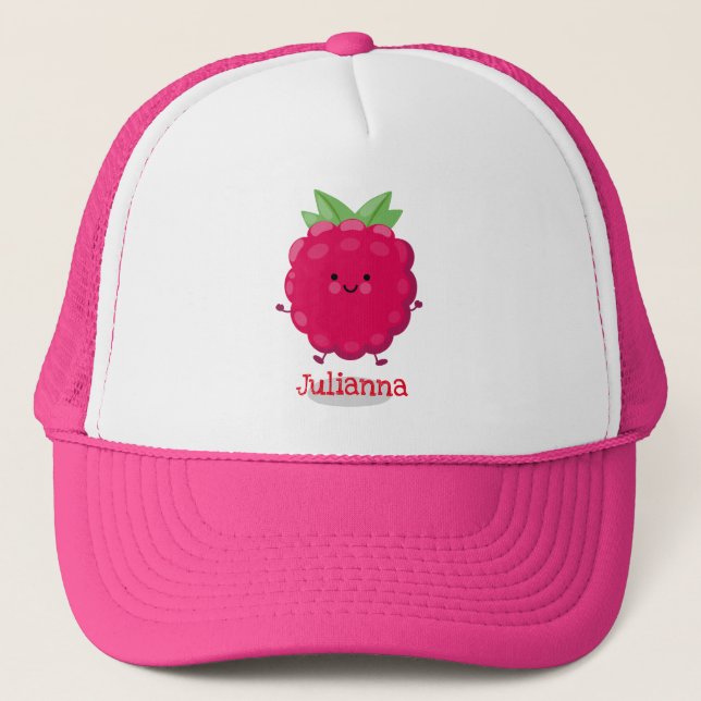 Cute happy raspberry cartoon illustration trucker hat (Front)