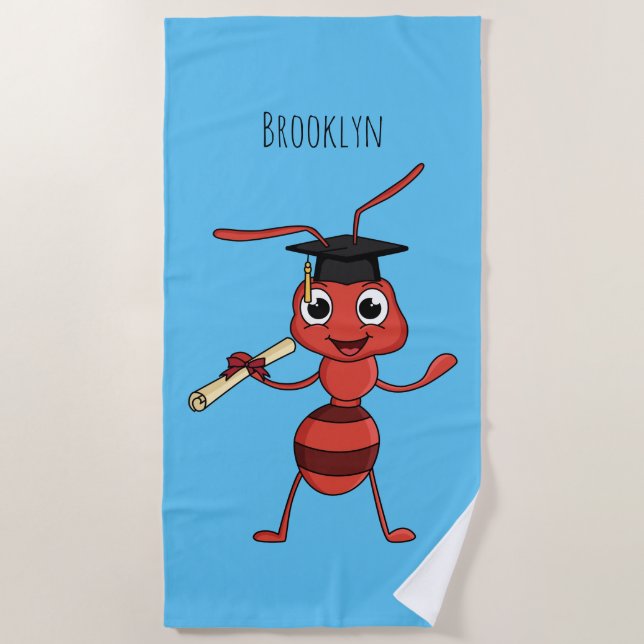 Cute happy red ant cartoon  beach towel (Front)