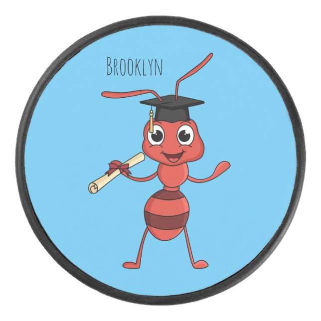 Cute happy red ant cartoon  hockey puck (Front)