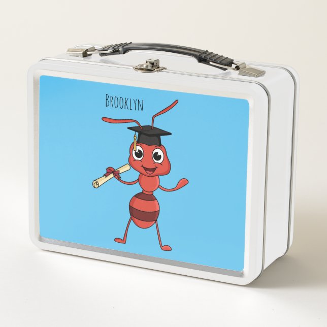 Cute happy red ant cartoon metal lunch box (Front)