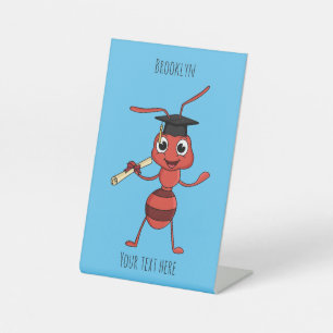 Cute happy red ant cartoon pedestal sign