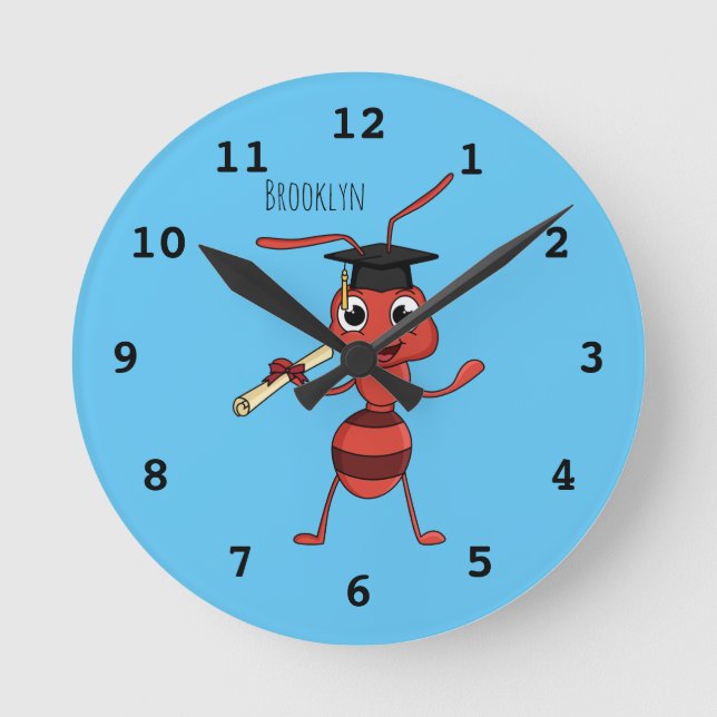 Cute happy red ant cartoon round clock (Front)