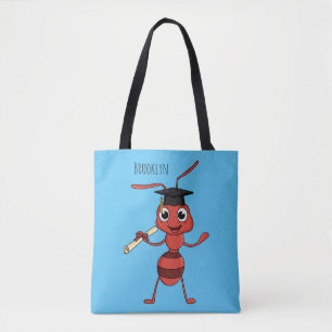 Cute happy red ant cartoon tote bag