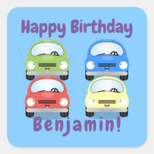 Cute happy red car cartoon illustration square sticker