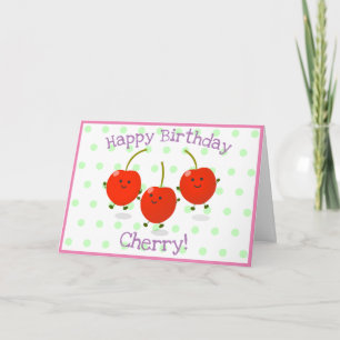 Cute happy red cherries cartoon illustration card