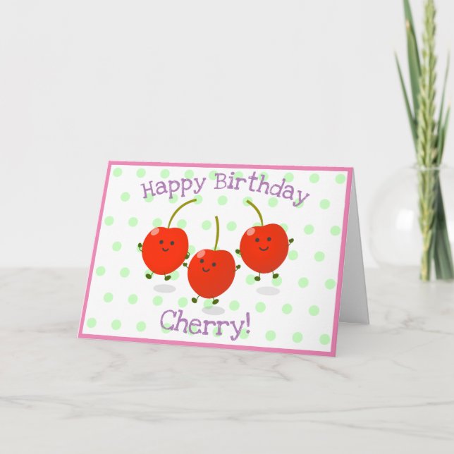 Cute happy red cherries cartoon illustration card (Front)