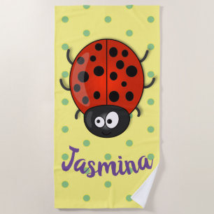 Cute happy red ladybug cartoon illustration beach towel