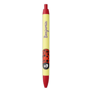 Cute happy red ladybug cartoon illustration black ink pen