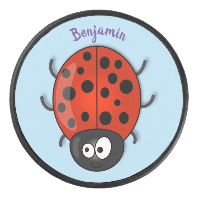 Cute happy red ladybug cartoon illustration hockey puck (Front)