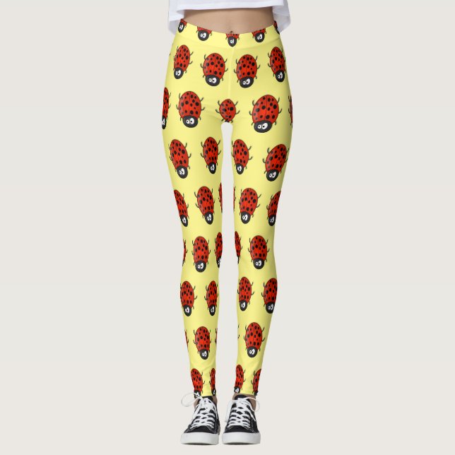 Cute happy red ladybug cartoon illustration leggings (Front)