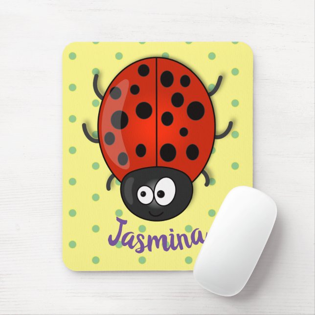 Cute happy red ladybug cartoon illustration mouse mat (With Mouse)