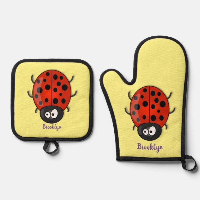 Cute happy red ladybug cartoon illustration oven mitt & pot holder set (Front)