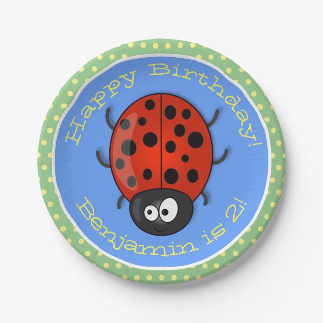 Cute happy red ladybug cartoon illustration paper plate (Front)