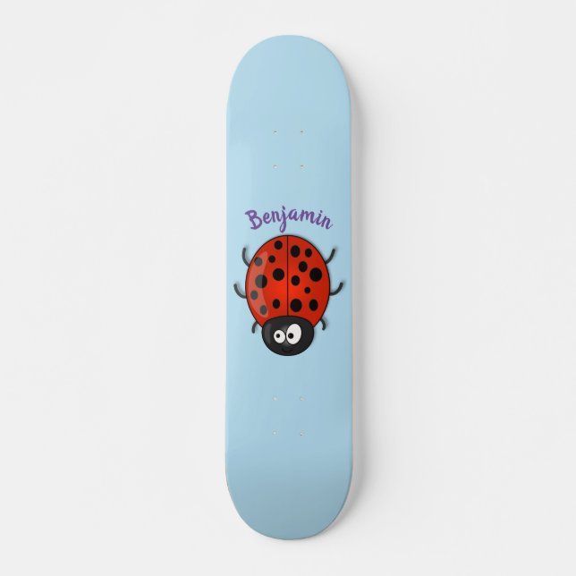 Cute happy red ladybug cartoon illustration skateboard (Front)