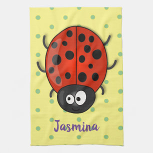 Cute happy red ladybug cartoon illustration tea towel