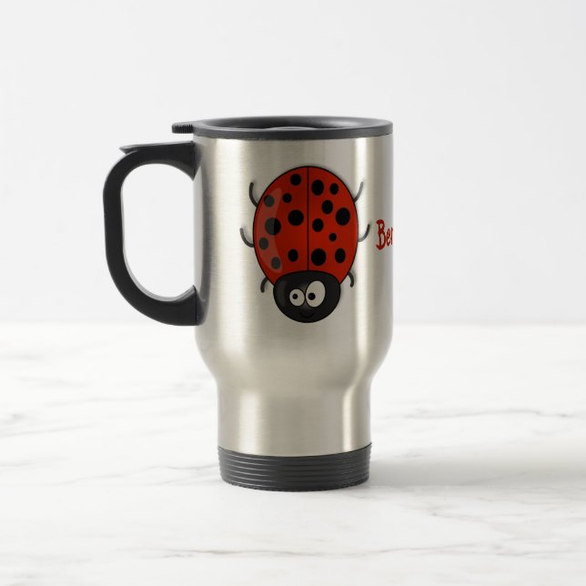 Cute happy red ladybug cartoon illustration travel mug (Left)