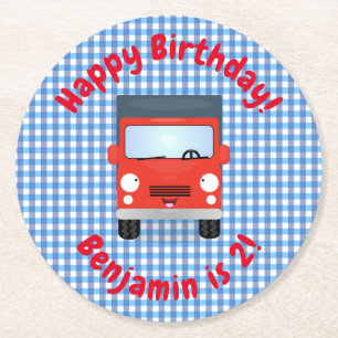 Cute happy red truck cartoon illustration round paper coaster