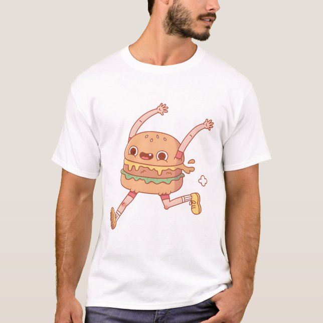 Cute Happy Running Burger Fast Food T-Shirt (Front)