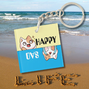 Cute Happy Sad Cartoon Cat, Fun & Simple Custom Key Ring