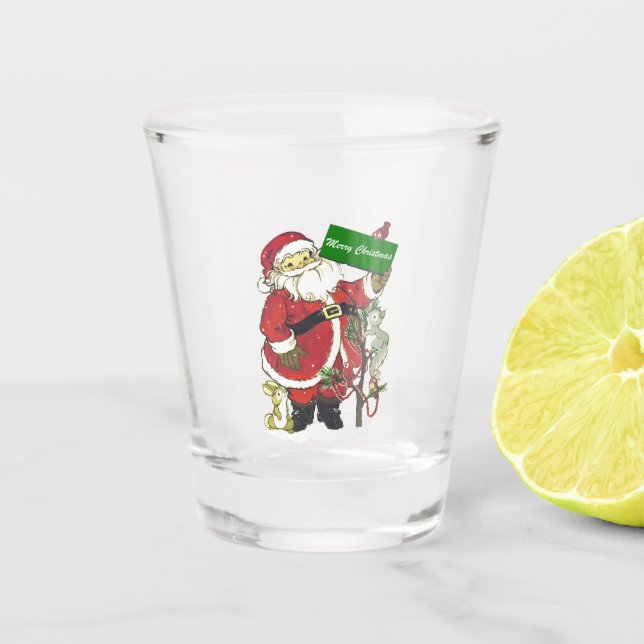 Cute Happy Santa Holding Christmas Sign Animals Shot Glass (Front)