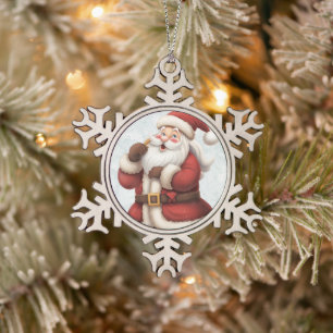 Cute Happy Santa  Snowflake Pewter Christmas Ornament