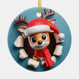 Cute Happy Santa's Reindeer Bursting Out  Ceramic Tree Decoration