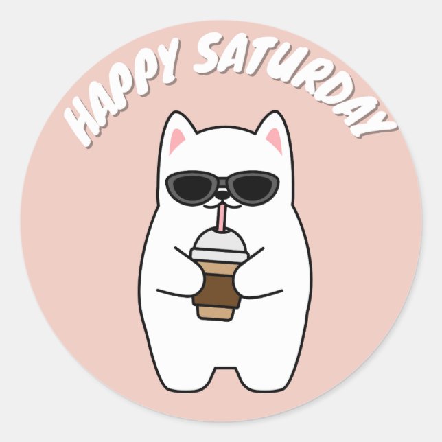CUTE HAPPY SATURDAY CAT CLASSIC ROUND STICKER (Front)