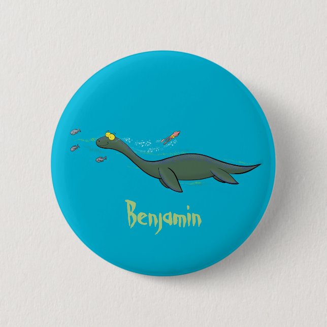 Cute, happy sea monster plesiosaur cartoon 6 cm round badge (Front)
