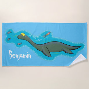 Cute, happy sea monster plesiosaur cartoon beach towel