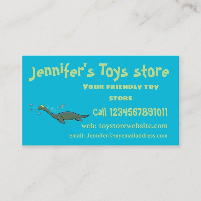 Cute, happy sea monster plesiosaur cartoon business card (Front)