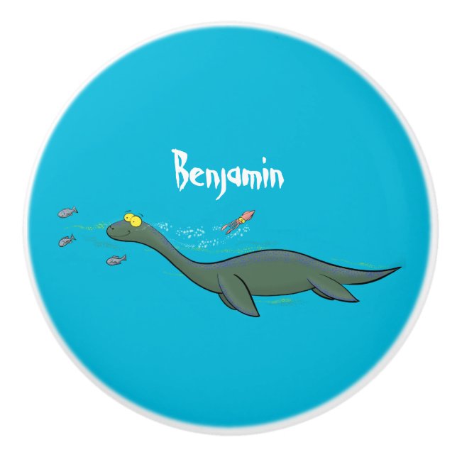 Cute, happy sea monster plesiosaur cartoon ceramic knob (Front)