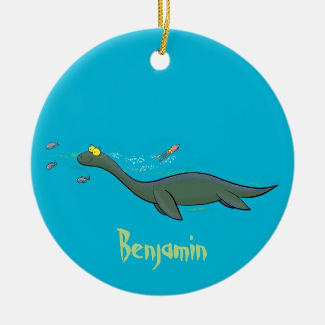 Cute, happy sea monster plesiosaur cartoon ceramic tree decoration (Front)