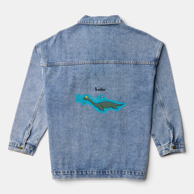 Cute, happy sea monster plesiosaur cartoon denim jacket (Back)
