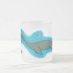 Cute, happy sea monster plesiosaur cartoon frosted glass coffee mug