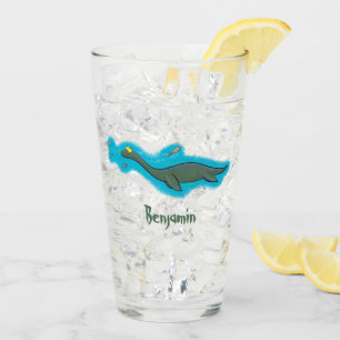 Cute, happy sea monster plesiosaur cartoon glass